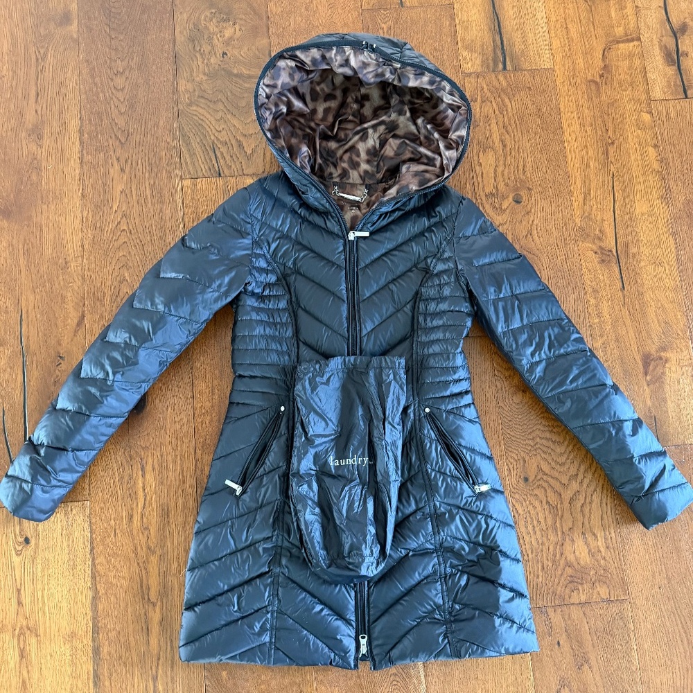 Laundry EUC Leopard lining/black down puffer, insulated, longer jacket,hood  XS